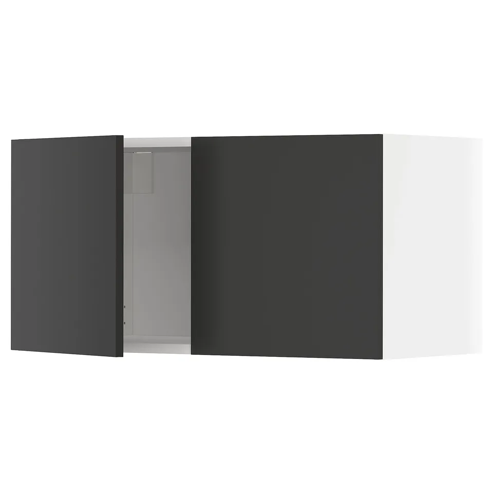 Black modern kitchen cabinet, square shape, matte finish, with a single open door.