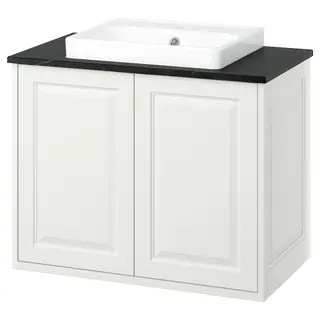 TÄNNFORSEN / ORRSJÖN wash-stnd w doors/wash-basin, white/black marble effect, 82x49x71 cm
