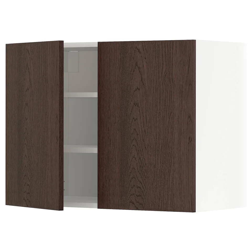 Modern wall cabinet with dark brown wooden doors, featuring oak veneer and sleek handles. Its minimalist design adds warmth to contemporary kitchens.