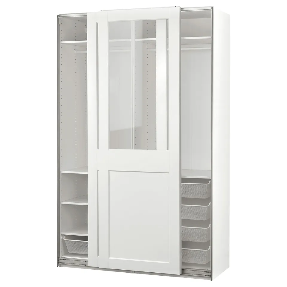 PAX wardrobe: white, sliding doors with glass, mesh drawers, adjustable feet.