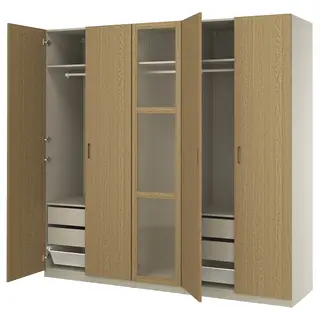PAX / TONSTAD wardrobe combination, grey-beige/oak veneer glass, 250x60x236 cm
