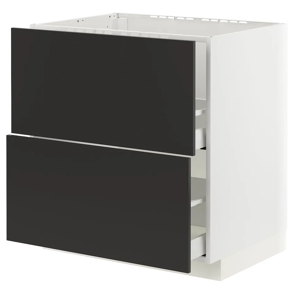 White METOD kitchen cabinet with black handles and two full-extension drawers.