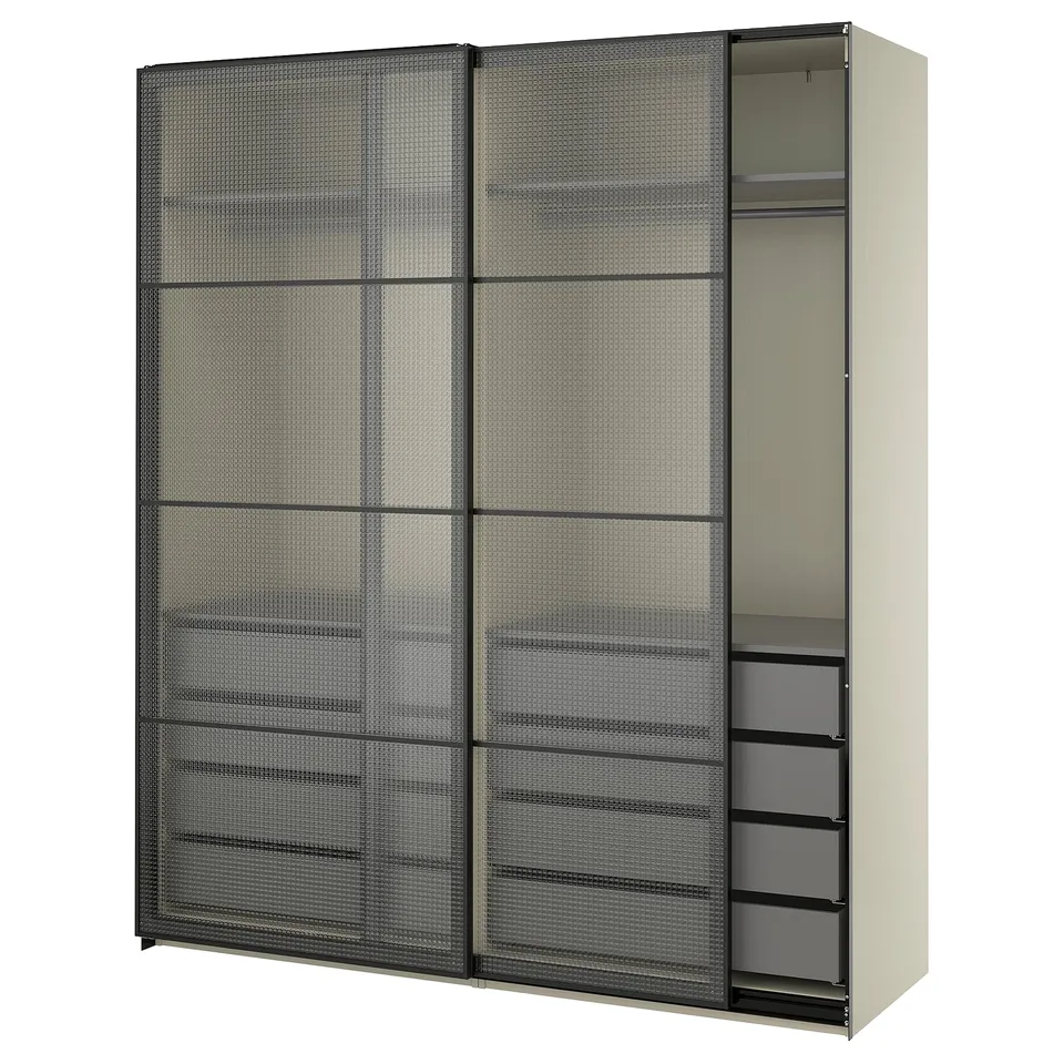 PAX / LUNDBRÄSMA Wardrobe with sliding doors, grey-beige black/checkered glass dark grey, 200x66x236 cm