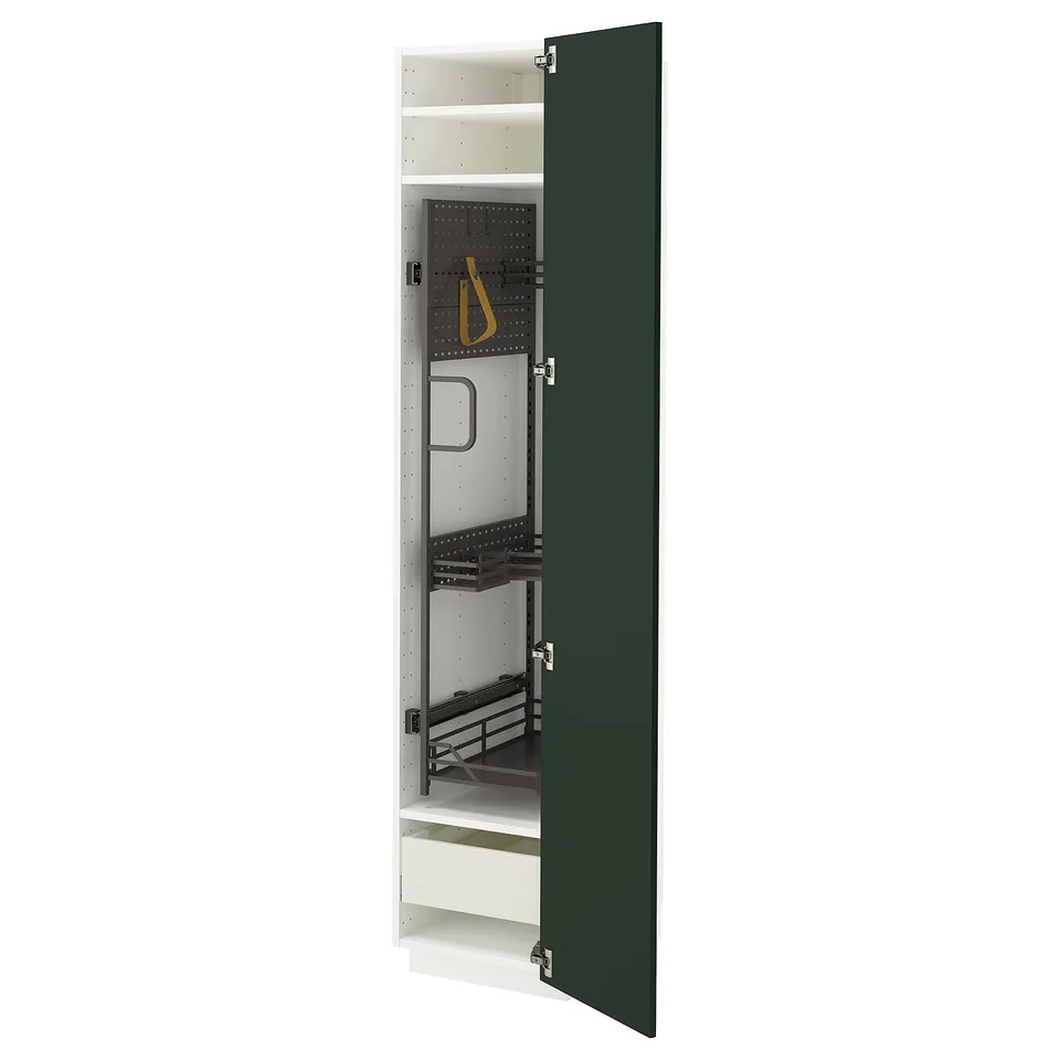 METOD kitchen cabinet, green, metal & wood, rectangular, organised with shelves and drawers.