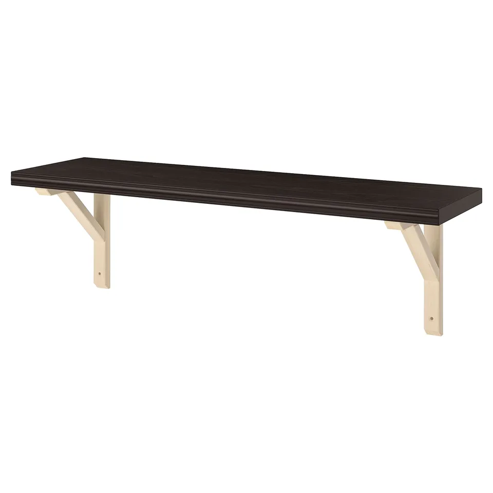 Black wall shelf, BERGSHULT, with sleek edges and light wood brackets.
