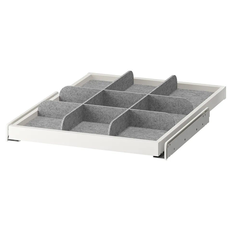 KOMPLEMENT white pull-out organiser, grey felt dividers, 3 sections for storage.