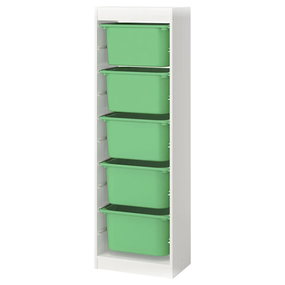 White TROFAST organiser with 5 green boxes, custom shelves, space-saving design.
