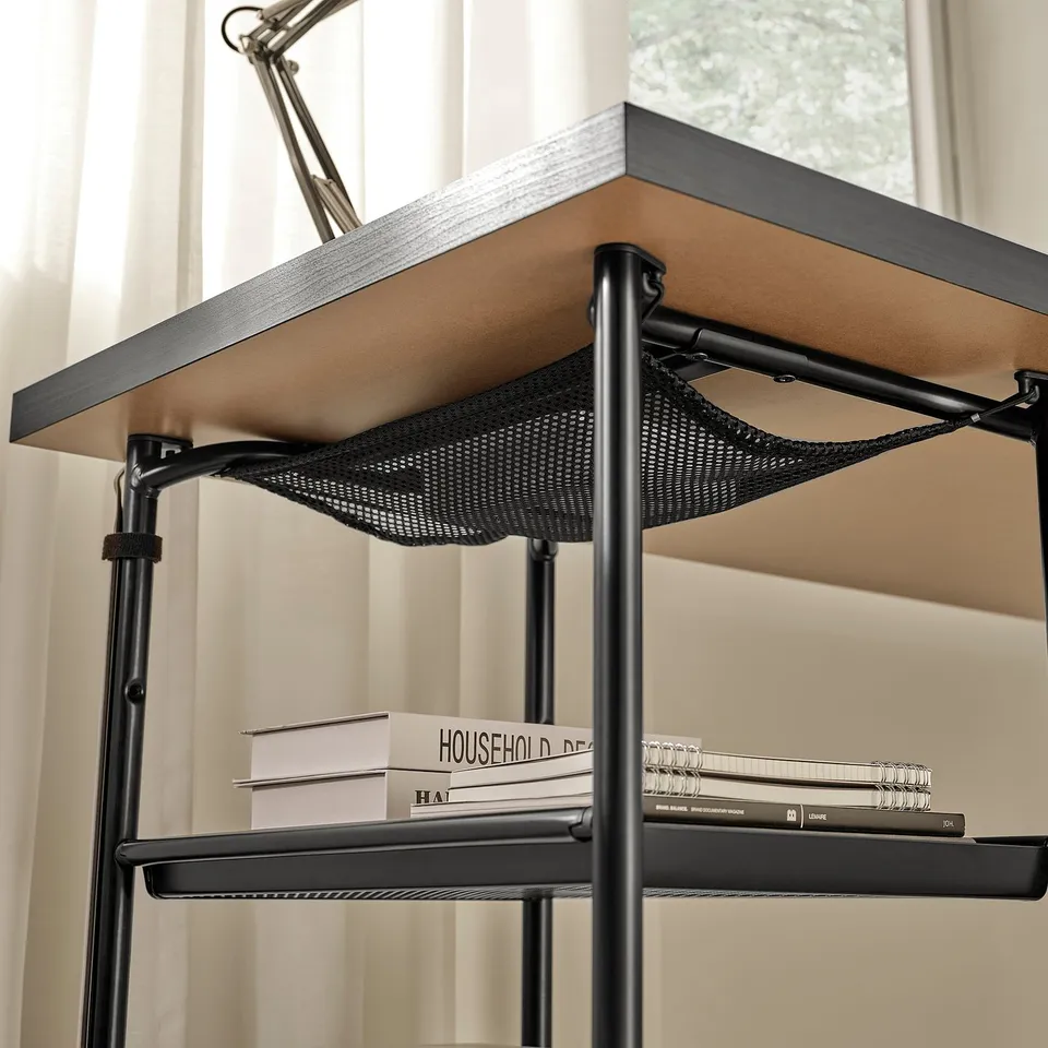 SPÄND shelves with table top, cable net, and metal legs.