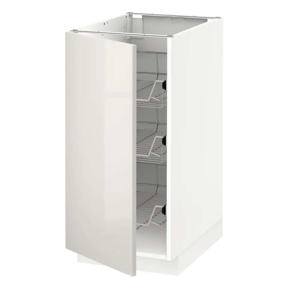 White METOD kitchen cabinet with high gloss finish and three wire shelves.