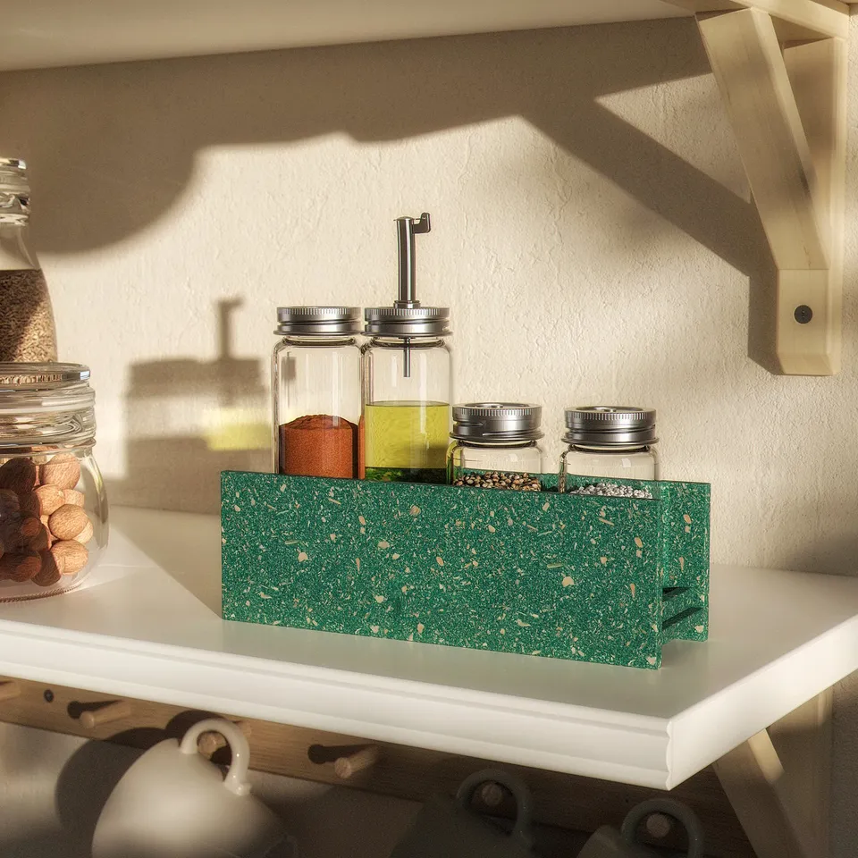 Green HUNDHAJ bamboo spice organiser with compartments for herbs and oils.