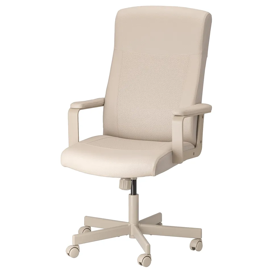 A beige office chair named TRAVSPORT. Its upholstered with polyester, has armrests, and a mesh back for comfort. Its designed for ergonomic use.