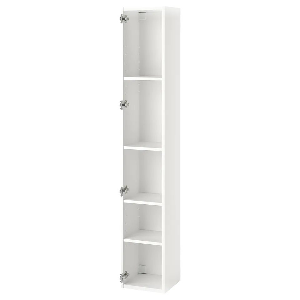 White ENHET high cabinet with four shelves, perfect for compact spaces, made of fiberboard and particleboard.