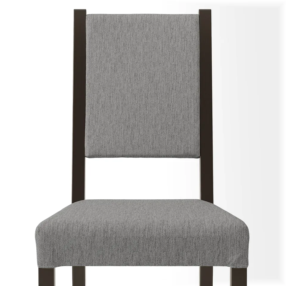 Chair with sleek black frame, grey upholstered seat and back, high-quality fabric, sturdy design.