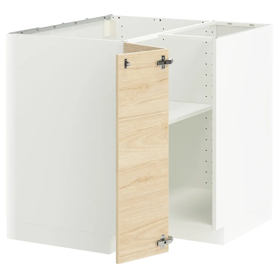 White METOD kitchen unit with light ash wood door, adjustable shelves, and metal hinges.