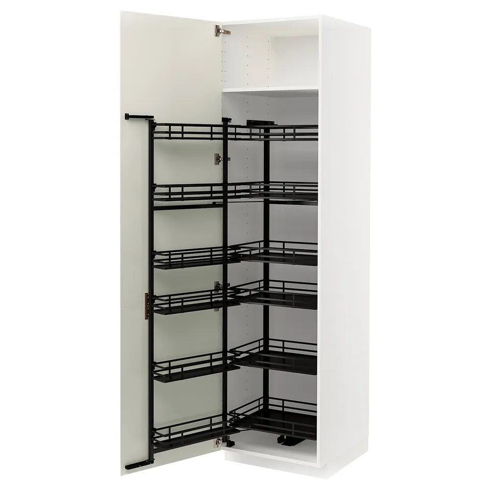 A white METOD kitchen cabinet with pull-out shelves. It multiple black metal shelves for storage.