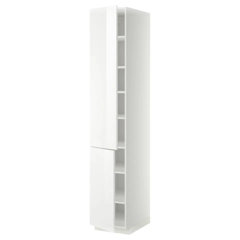 A METOD tall white cabinet with adjustable shelves, modern design, and high-gloss finish.