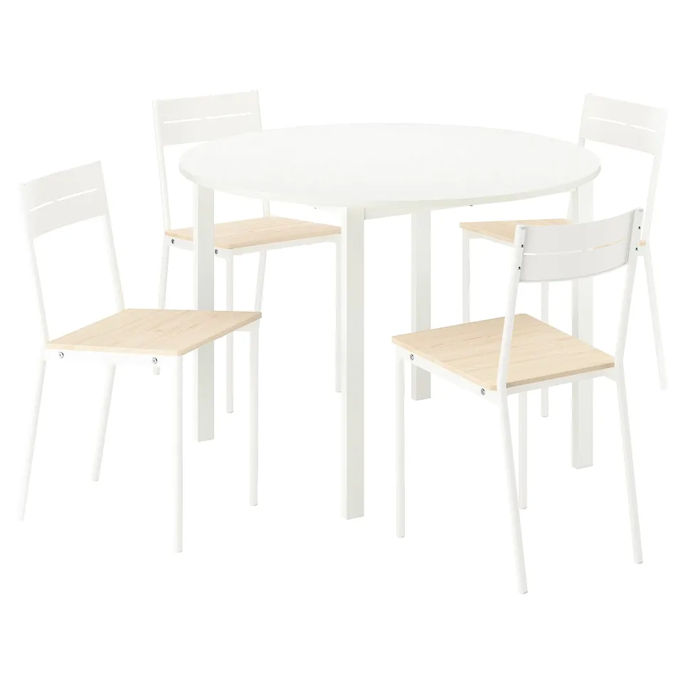 Image a white, round VIHALS dining set with four matching chairs. Minimalist design with wooden seats.