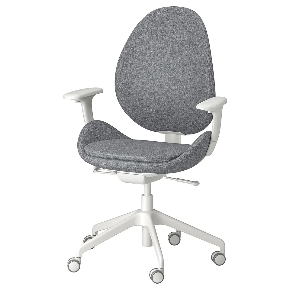 Modern grey ergonomic office chair with adjustable armrests, back, and height, on wheels.