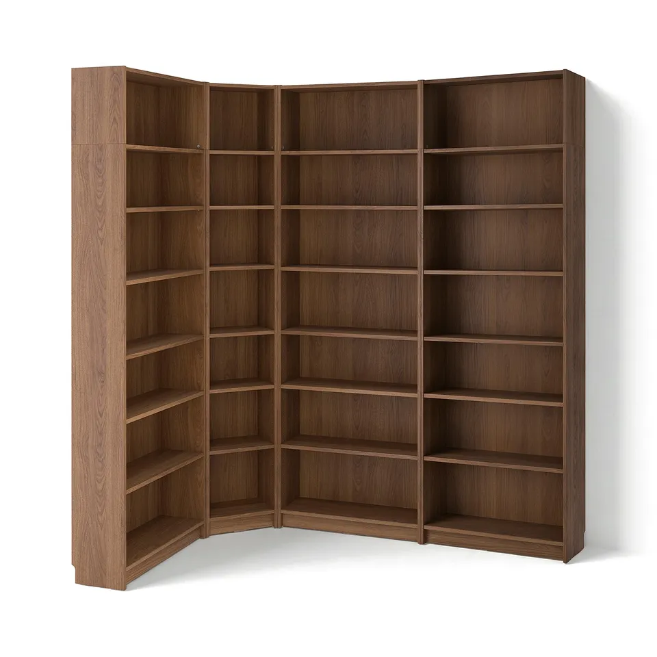 A brown BILLY bookcase with multiple empty shelves, forming a corner shape. Made of particleboard and fiberboard, its designed for storage.