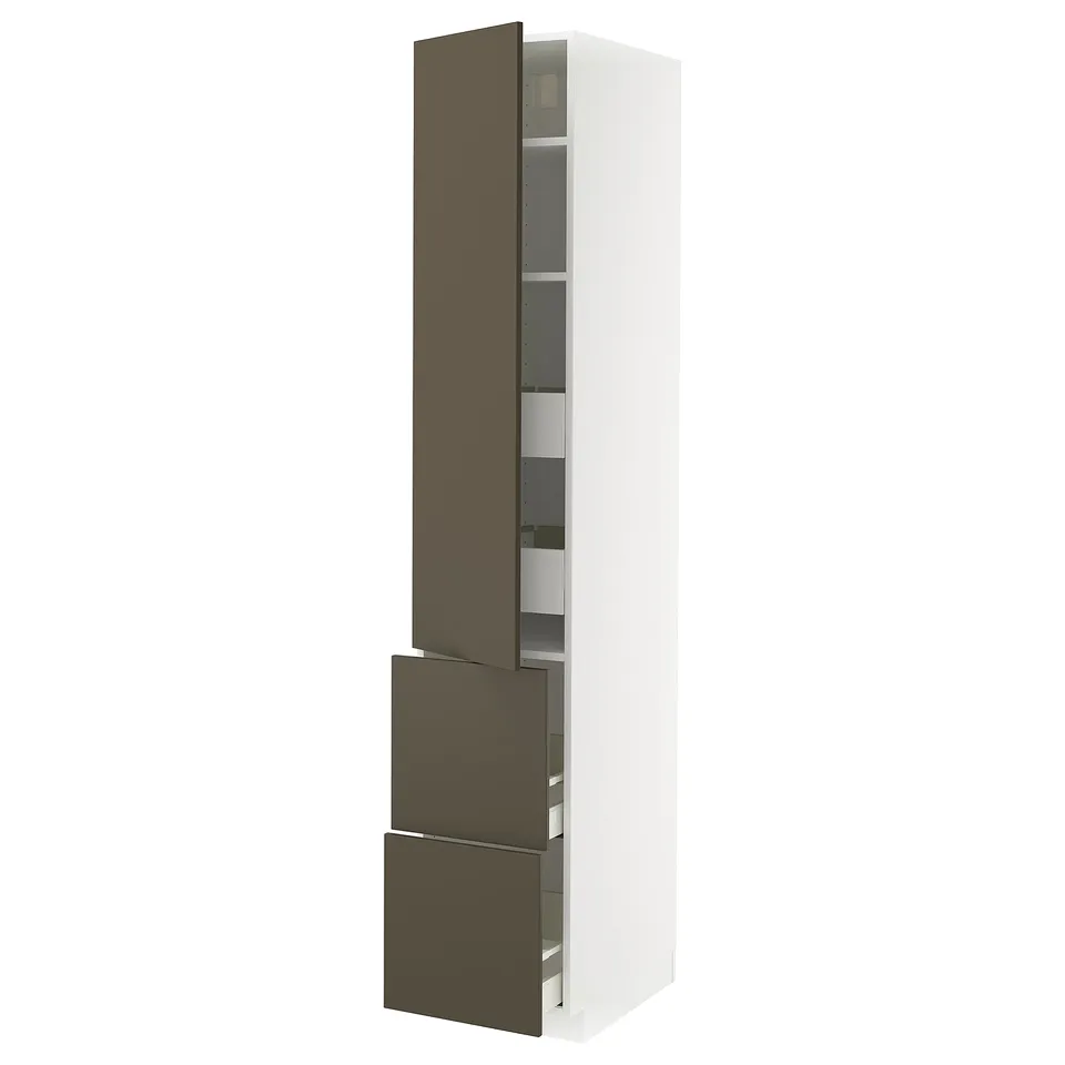 Brown & beige cabinet, white frame, tall, adjustable shelf, METOD kitchen system.
