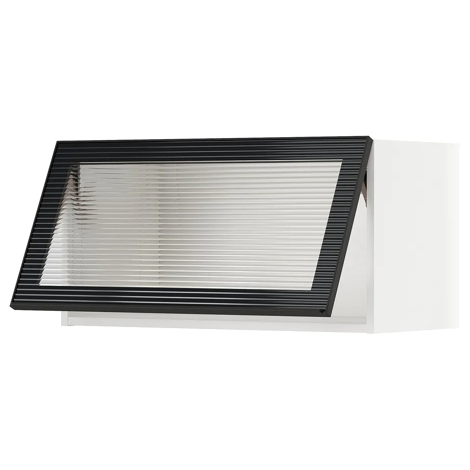 Modern black glass cabinet door with sleek metal frame and reeded texture.