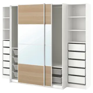 PAX / MEHAMN/AULI wardrobe, white double sided/white stained oak effect mirror glass, 250x66x201 cm