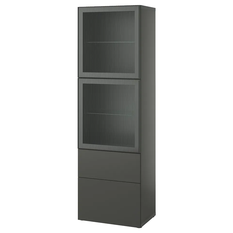 Black IKEA BESTÅ storage cabinet with glass doors and drawers.
