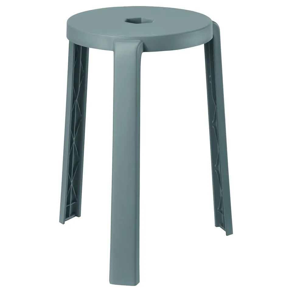 Blue plastic stool, round seat, 3 legs, stackable.