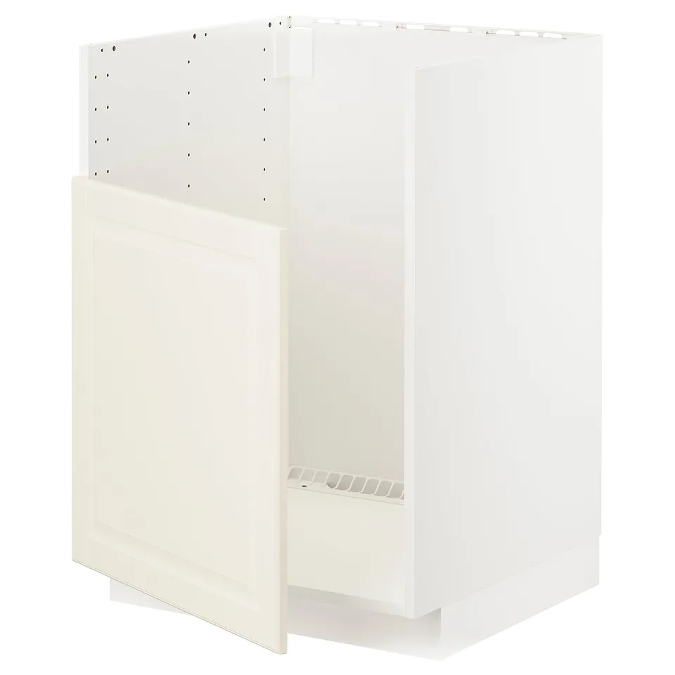A white METOD kitchen cabinet with a classic design, featuring a sturdy frame and snap-on hinges.