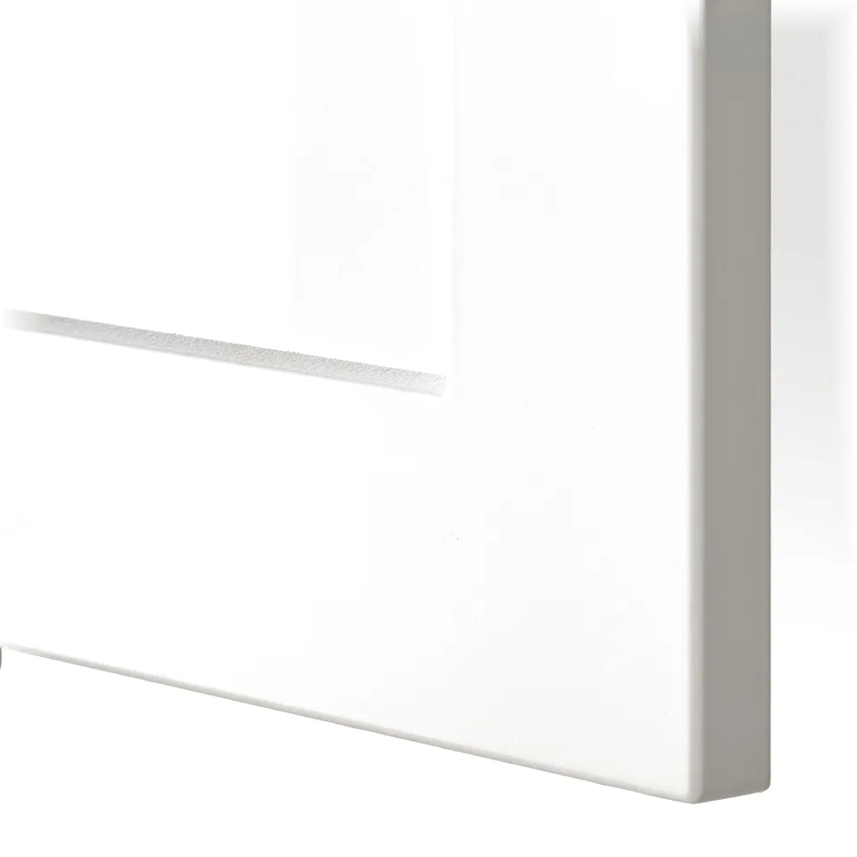 Clean, modern white cabinet. Sleek glass doors with sharp, well-finished edges. High-quality craftsmanship evident in smooth surfaces.