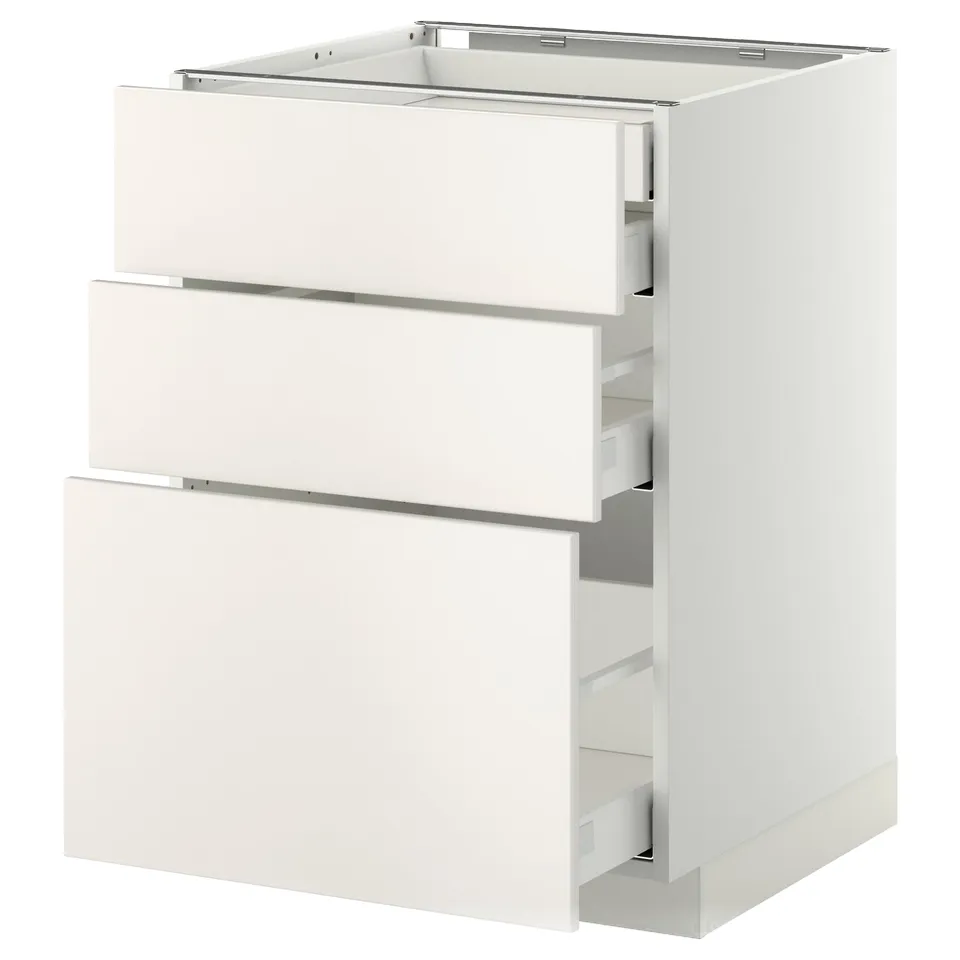 White METOD kitchen cabinet with three drawers, smooth surfaces, and sleek modern design.