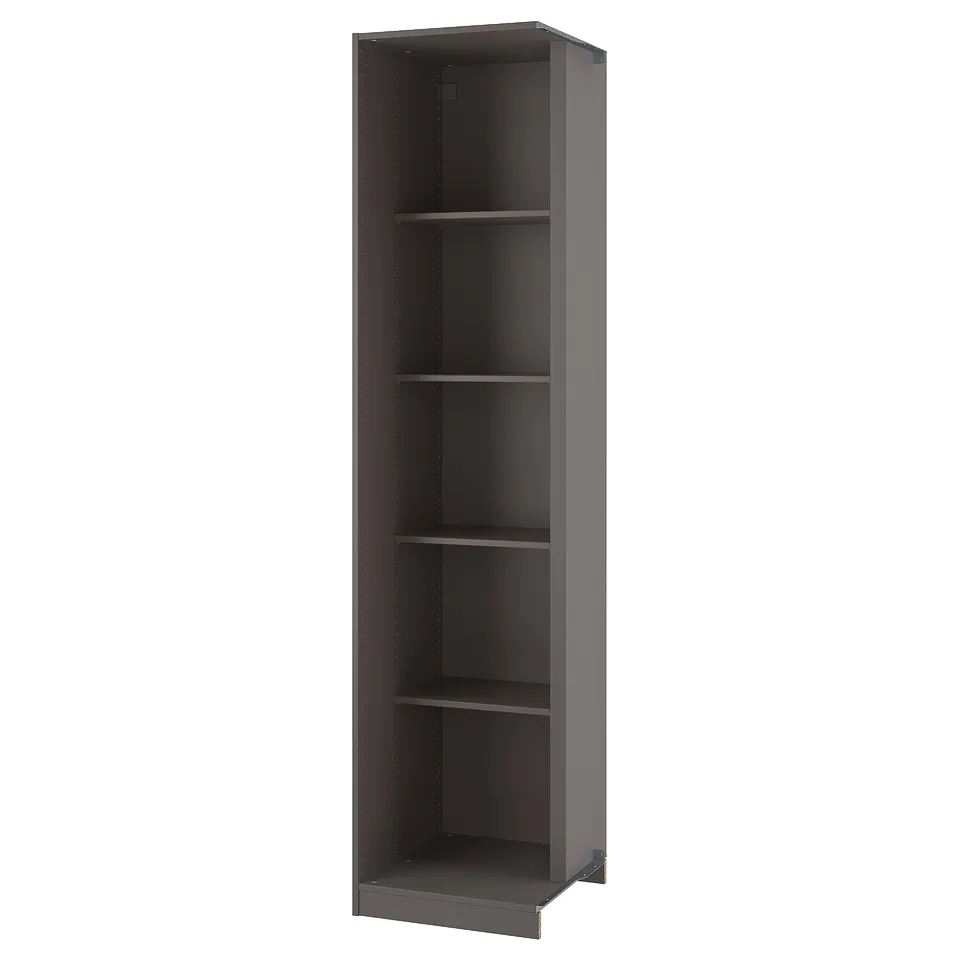 An empty grey PAX wardrobe unit with three shelves, standing against a white background. Its a tall, narrow, rectangular shape with a smooth finish.
