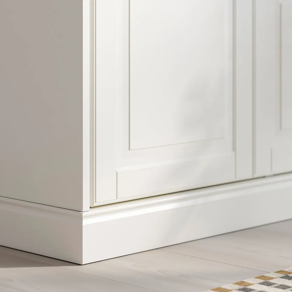 Clean, minimalist kitchenette with sleek, white cabinetry and wooden floor. Well-crafted, quality materials evident.