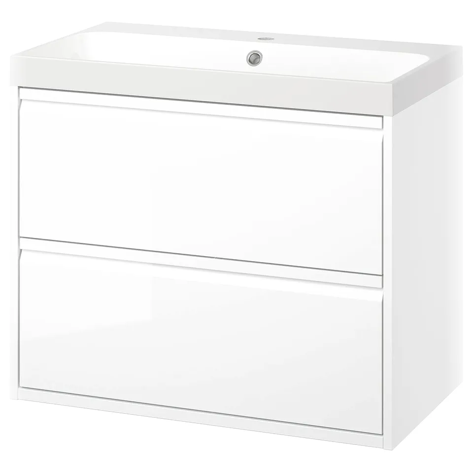 A modern white bathroom vanity cabinet with two drawers and an integrated sink, featuring clean lines and a sleek high-gloss finish.