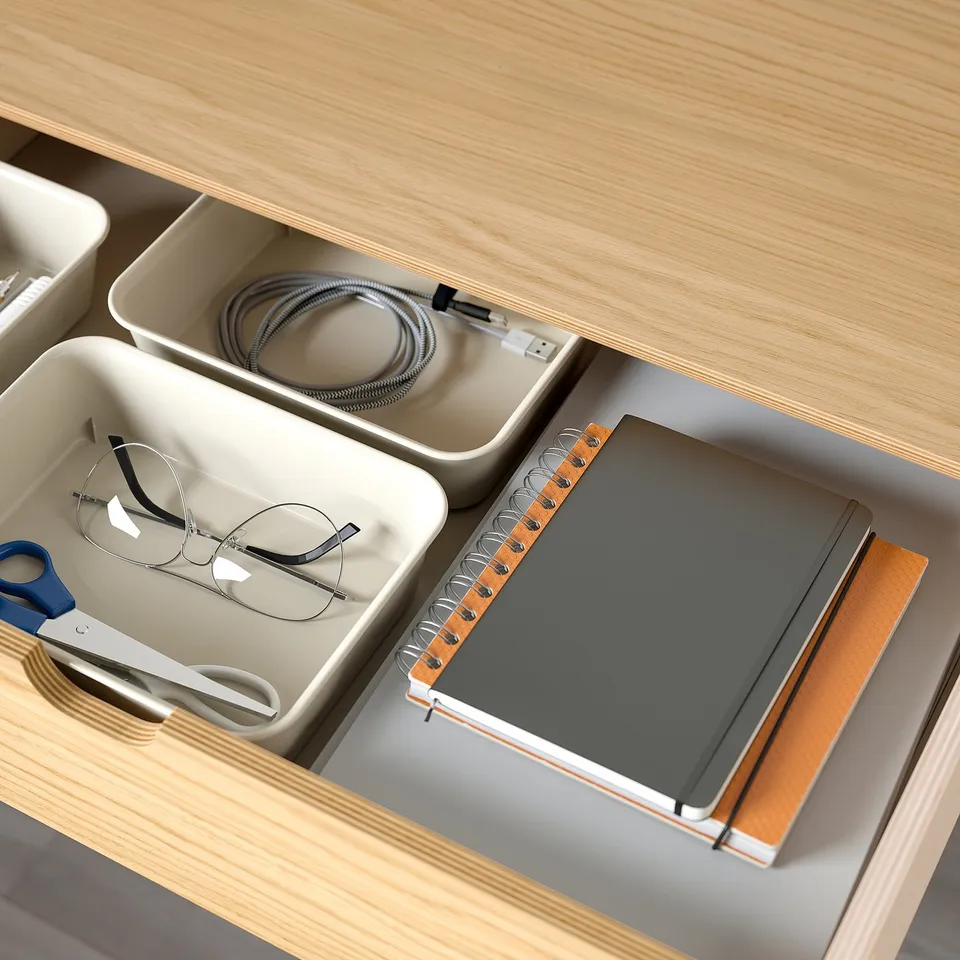 Wooden desk drawer with glass top, organising small items, including glasses, charger, notepad, and notebook.