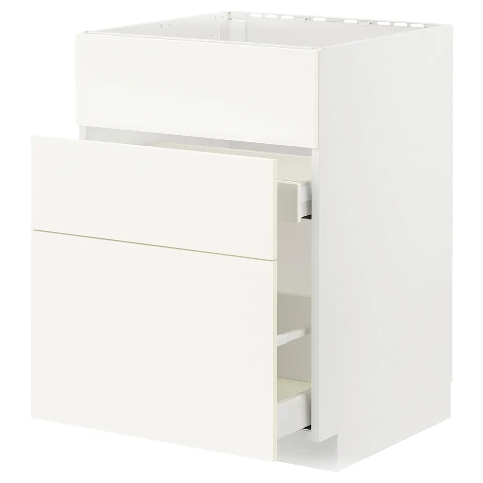 White METOD kitchen cabinet with three drawers, sleek modern design.
