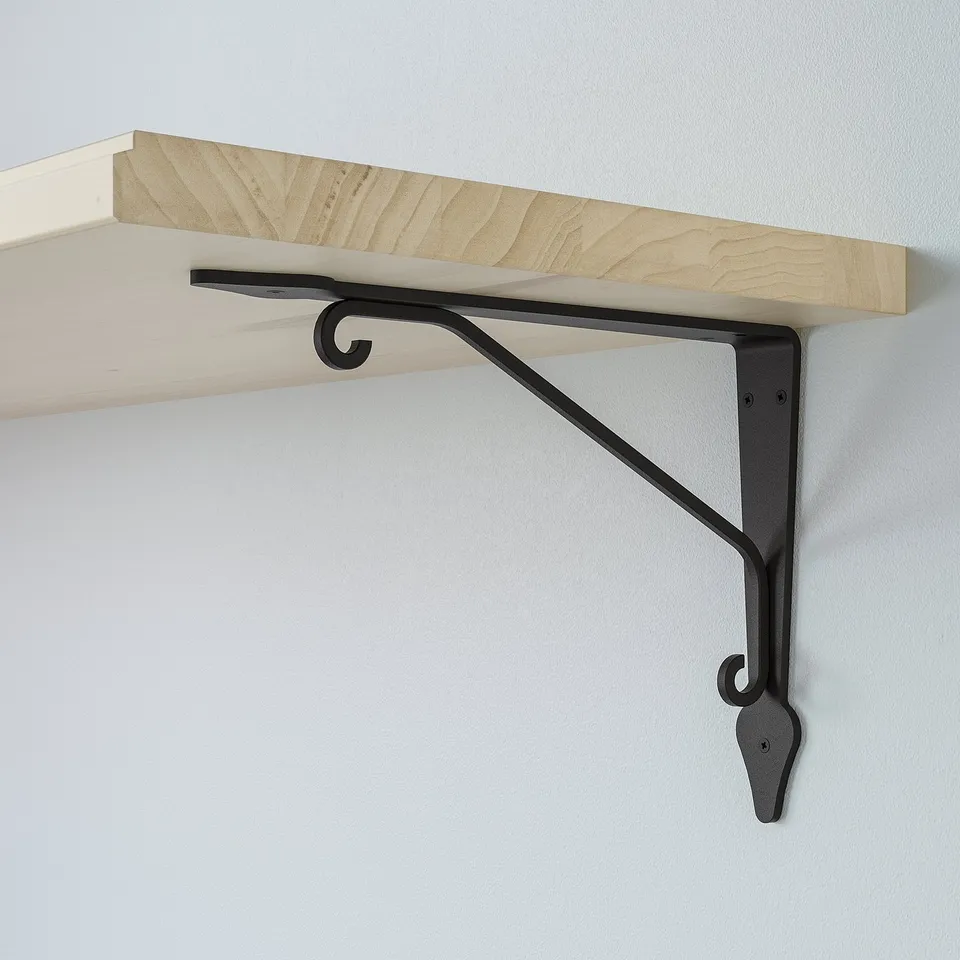 Minimalist light wood shelf held by sturdy matte black metal bracket, securely attached to a light-colored wall.