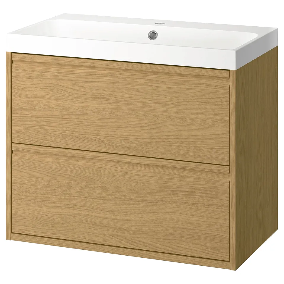 Modern oak bathroom vanity, wall-mounted, rectangle shape, white sink, two drawers, natural finish.