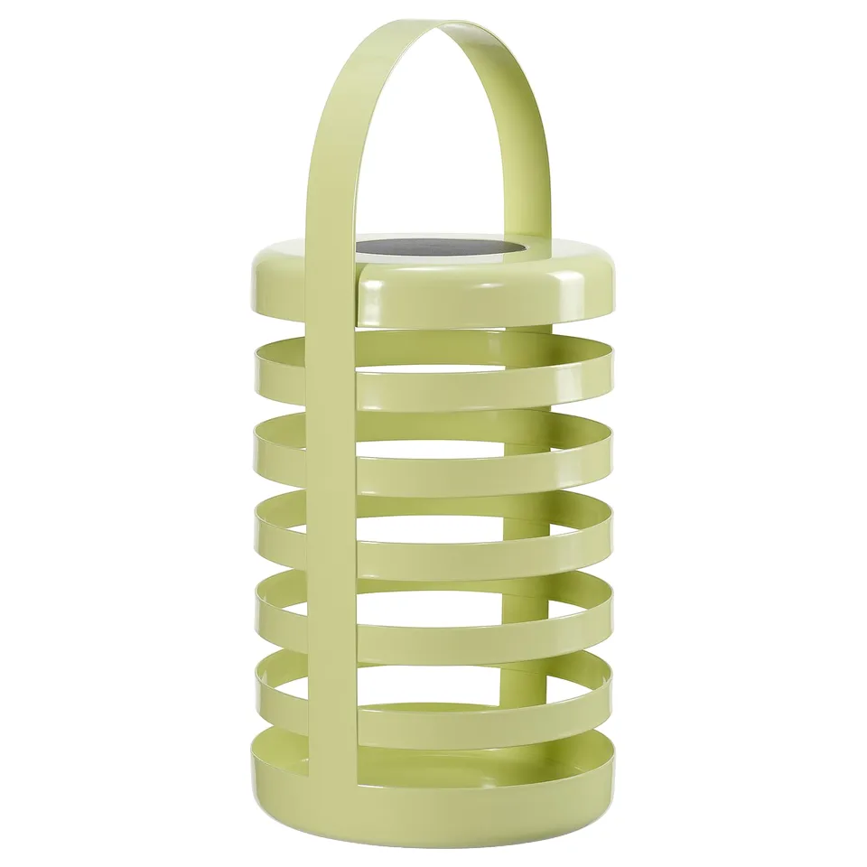 The SOLVINDEN lamp is a sleek, lime green, cylindrical design with horizontal slats and a handle top, made of abs plastic and acrylic-coated steel.