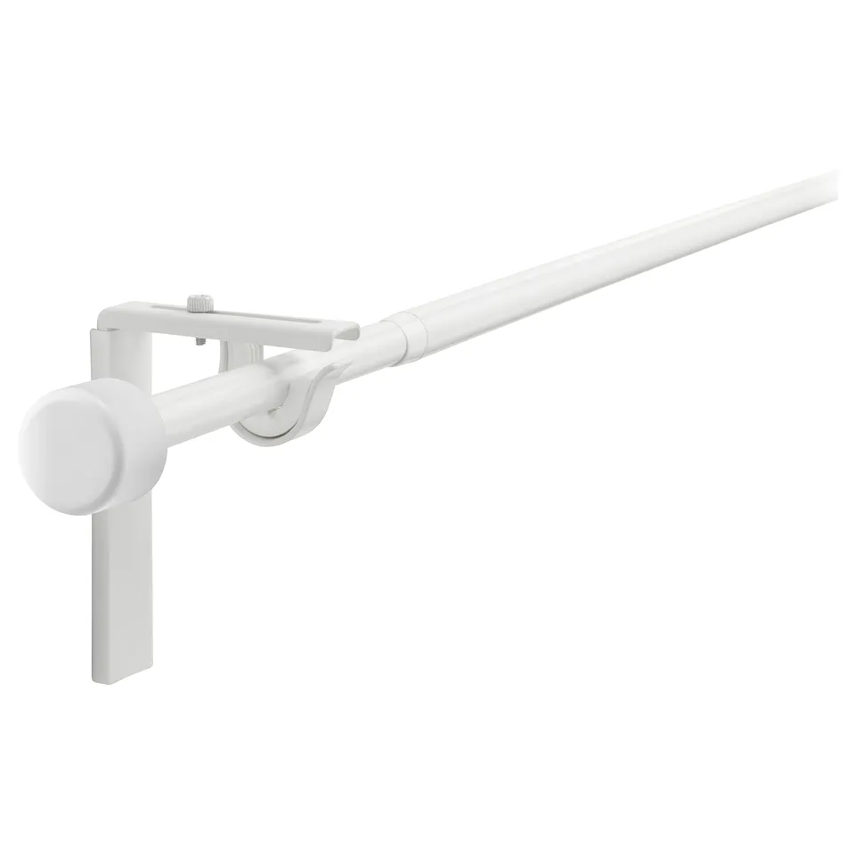 White RÄCKA curtain rod set with adjustable brackets and finials.