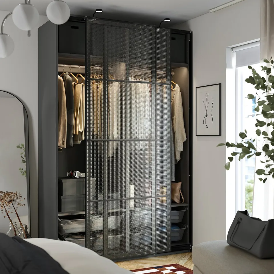 PAX / LUNDBRÄSMA Wardrobe with sliding doors, dark grey black/checkered glass, 150x66x236 cm