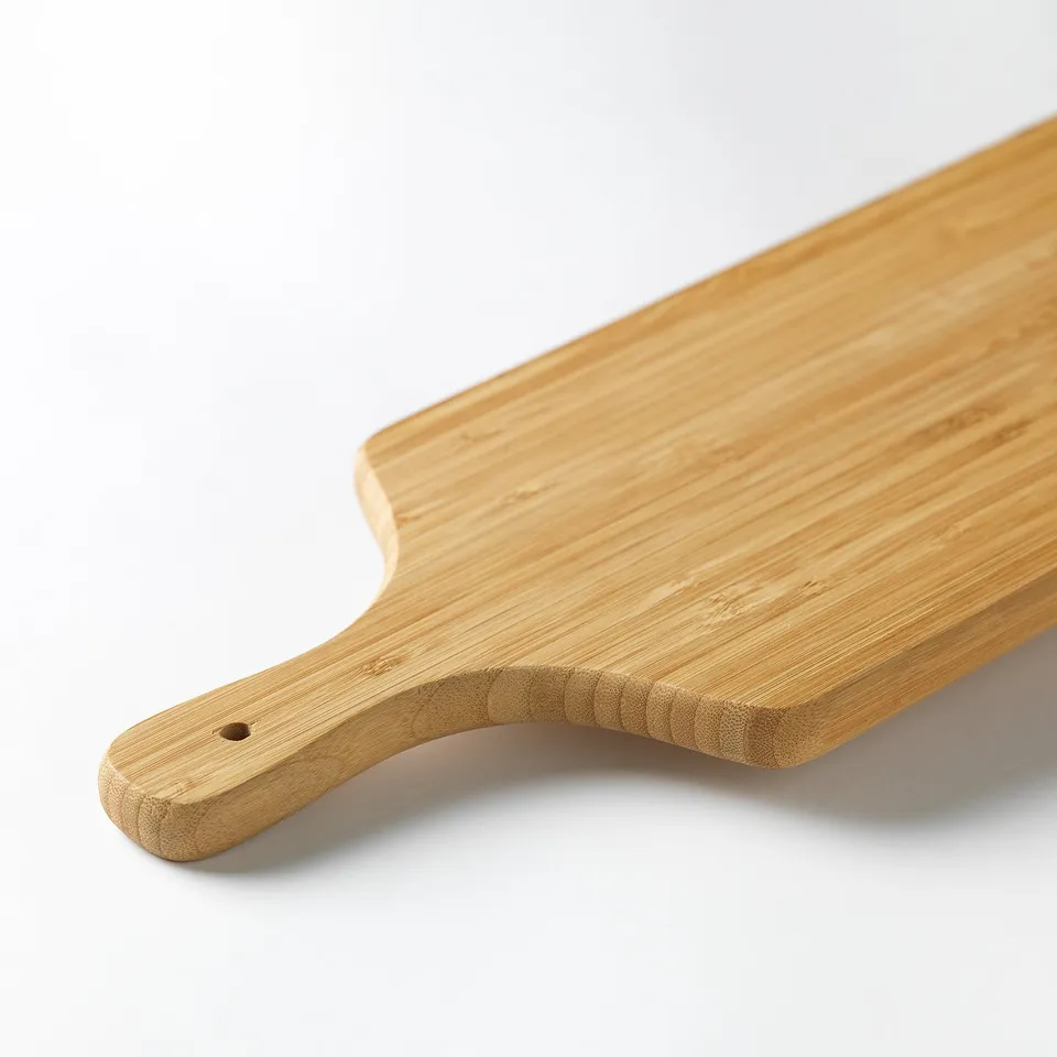 Wooden cutting board with handle on white surface, crafted from durable bamboo.