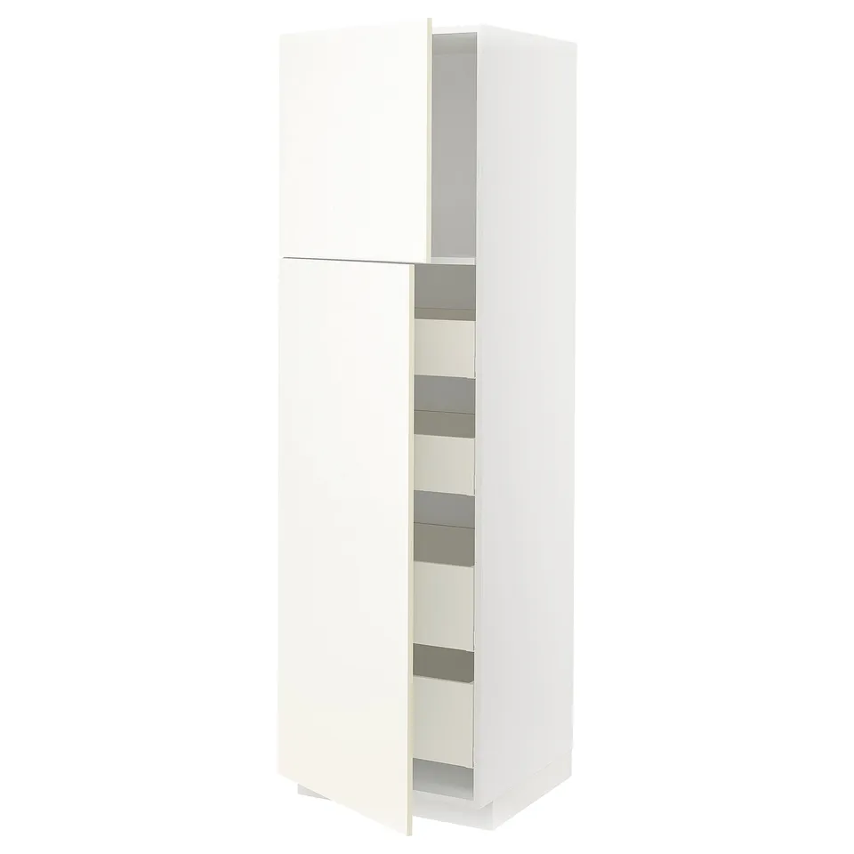 A white METOD kitchen cabinet. It a tall, vertical design with adjustable shelves inside.