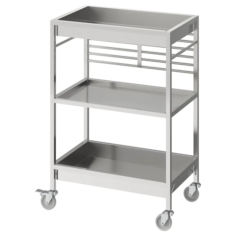 KUNGSFORS cart, silver, three-tier metal, stainless steel, wheeled, kitchen storage.