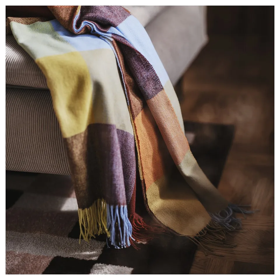 FLIKHAGTORN throw blanket, multicoloured checks, soft recycled polyester, fringed ends.