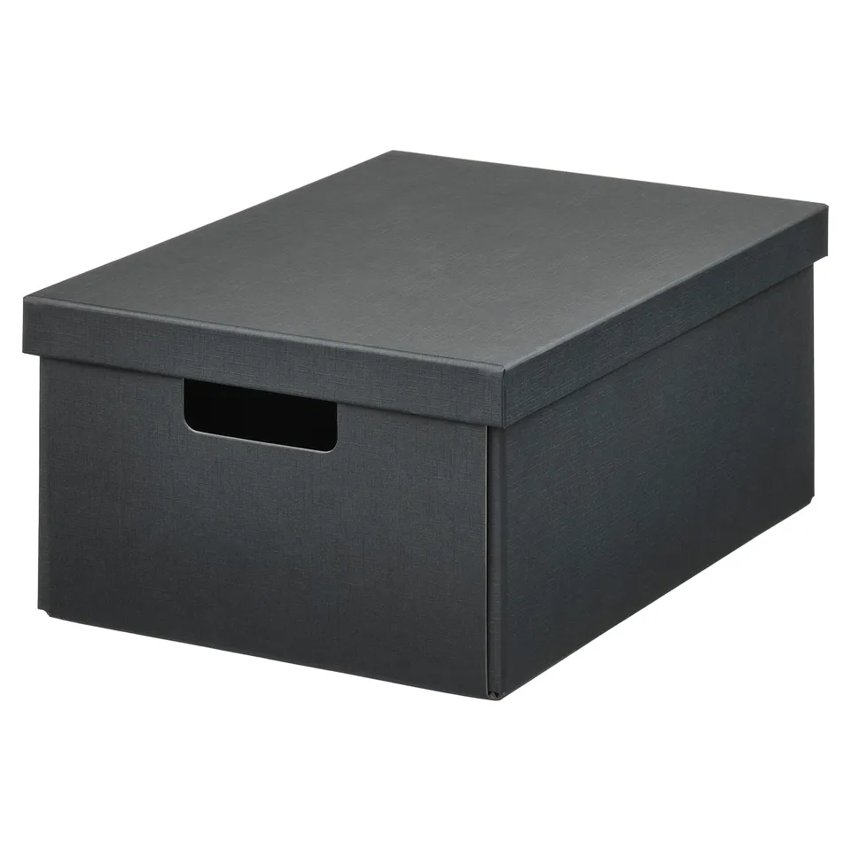 Dark grey FJÄDERHARV storage box with lid and handle cut-out, rectangular shape, sturdy fabric material.