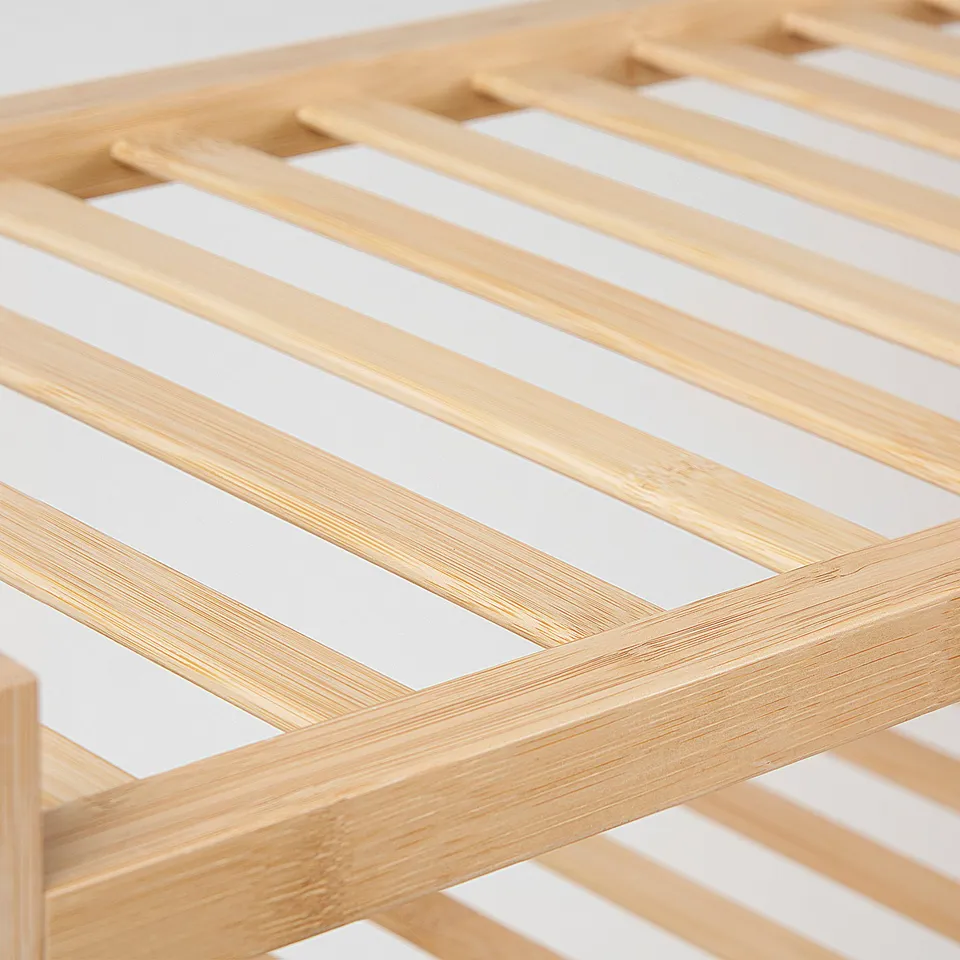 Wooden shoe rack, well-crafted, neat slats, smooth finish.