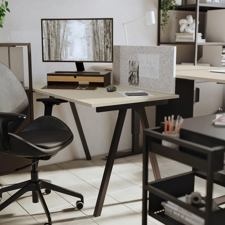 Home office with ELLOVEN stand: metal legs, bamboo top. Drawer, pen holder, monitor support for neat desk.