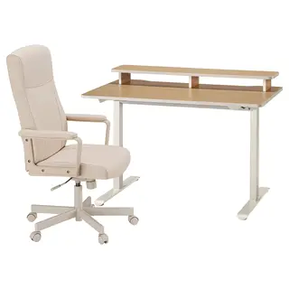 TRAVSPORT / MILLBERGET desk and chair, electric oak effect/beige, Width 120 x Depth 70 cm