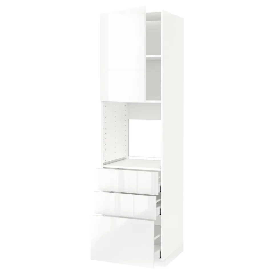 METOD white modern kitchen cabinet with three high gloss drawers and open shelf.
